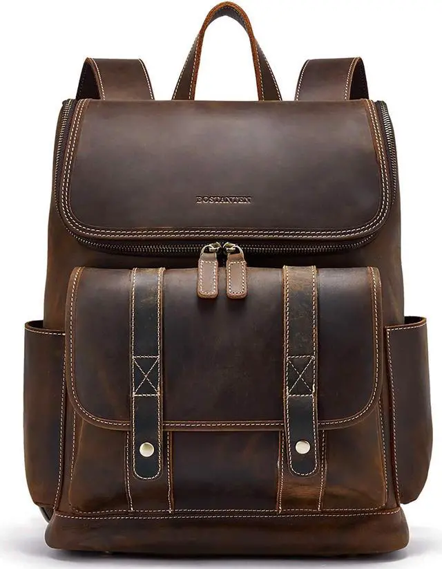 Main image of BOSTANTEN Leather Backpack for Men 15.6 inch Laptop Backpack Vintage Travel Office Bag Large Capacity Shoulder Bag Coffee