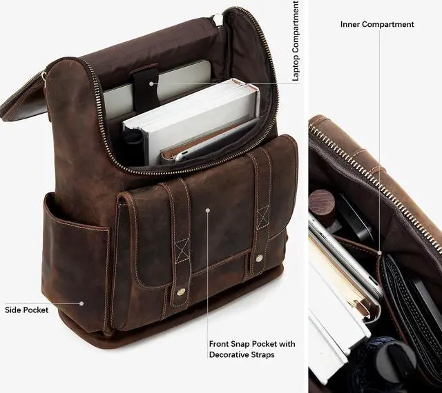 Alt view image 3 of 5 - BOSTANTEN Leather Backpack for Men 15.6 inch Laptop Backpack Vintage Travel Office Bag Large Capacity Shoulder Bag Coffee