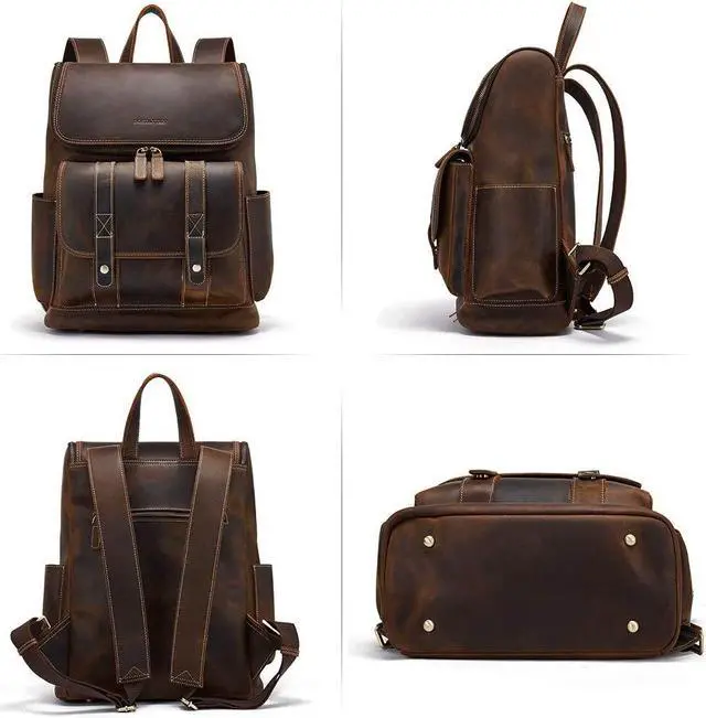 Alt view image 5 of 5 - BOSTANTEN Leather Backpack for Men 15.6 inch Laptop Backpack Vintage Travel Office Bag Large Capacity Shoulder Bag Coffee