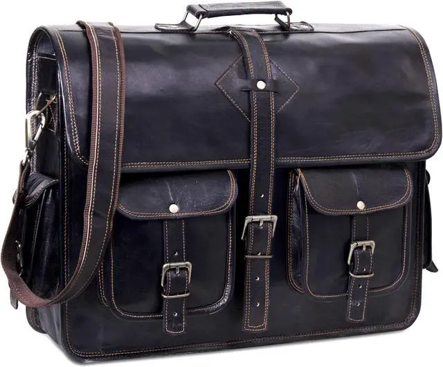 Main image of HULSH Black Leather Messenger Bag for Men and Women 18 Inch | Handmade Vintage Genuine Leather Laptop Bag for Men | Best Leather Briefcase Satchel Computer Crossbody Shoulder Bag for Work Office Use