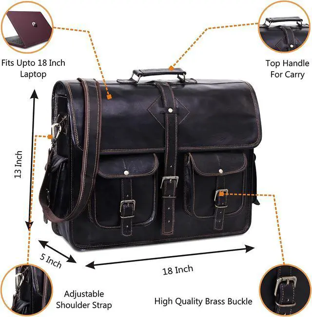 Alt view image 2 of 5 - HULSH Black Leather Messenger Bag for Men and Women 18 Inch | Handmade Vintage Genuine Leather Laptop Bag for Men | Best Leather Briefcase Satchel Computer Crossbody Shoulder Bag for Work Office Use