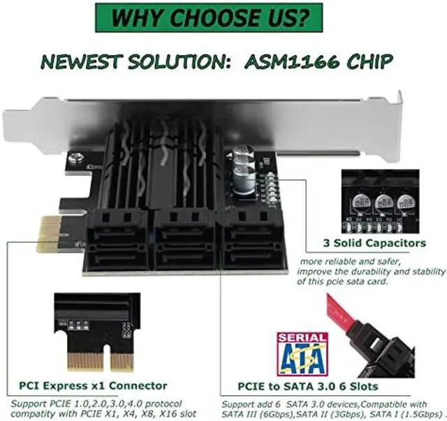 Alt view image 3 of 5 - ASM1166 PCIe X1 SATA Card 6 Ports, Non Raid, Joylifeboard PCIE SATA III Controller Expansion Card 6 Gbps, Support 6 SATA 3.0 Devices, PCIe SATA Card with 6 SATA Cables+Thin Bracket