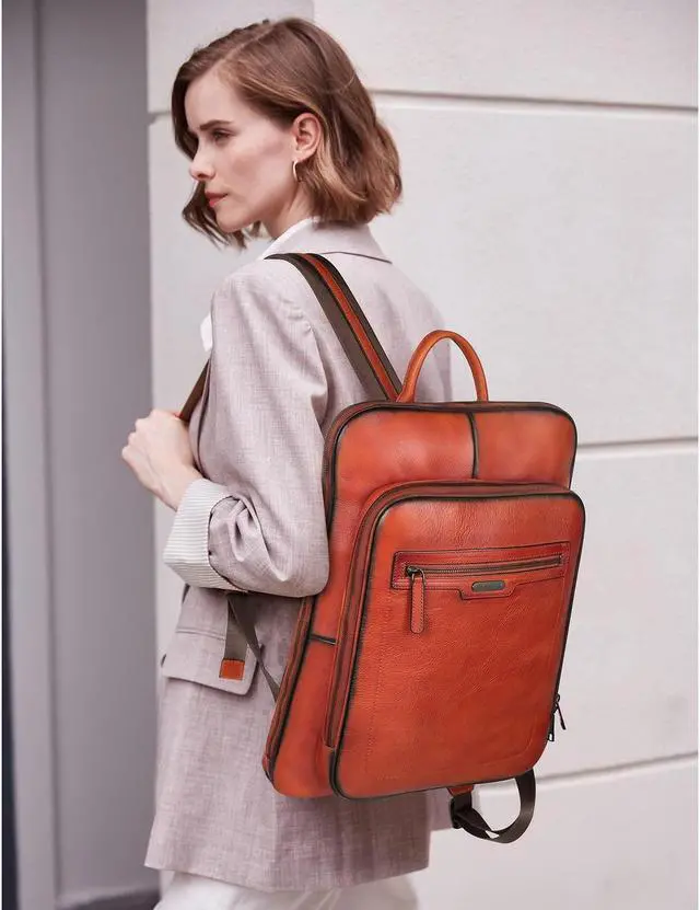 Alt view image 2 of 5 - CLUCI Vegetable Tanned Full Grain Leather 15.6 inch Laptop Backpack Purse for Women Casual Daypack Travel Backpack Red-brown