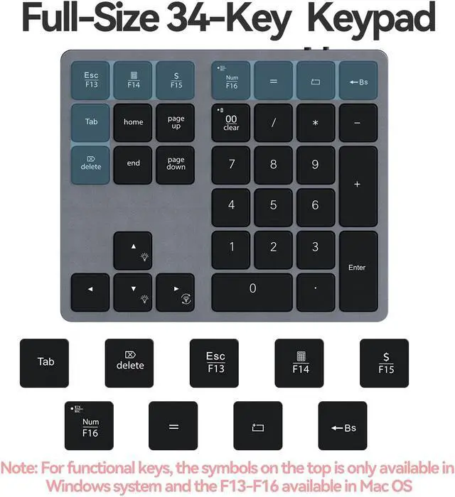 Alt view image 5 of 5 - Doohoeek Backlit Bluetooth Numeric Keypad for Laptops and Computers, Number Pads 34 Keys with 7-Color Backlight for MacBook & Windows, Gray