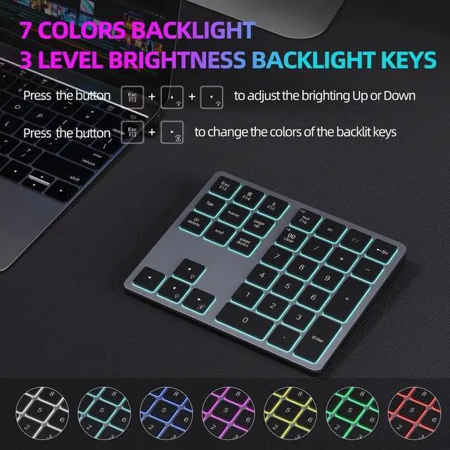 Alt view image 2 of 5 - Doohoeek Backlit Bluetooth Numeric Keypad for Laptops and Computers, Number Pads 34 Keys with 7-Color Backlight for MacBook & Windows, Gray