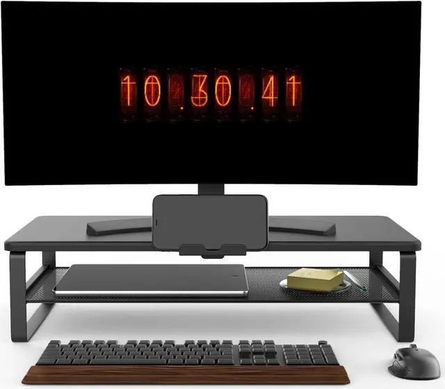 Alt view image 2 of 5 - Doowiit Monitor Stand with drawer, 2-Tier Monitor Stand Riser with Phone Holder and Cable Management - Desk TV Shelf, Laptop Printer, Desk Organizer Stand, for Home & Office, Black