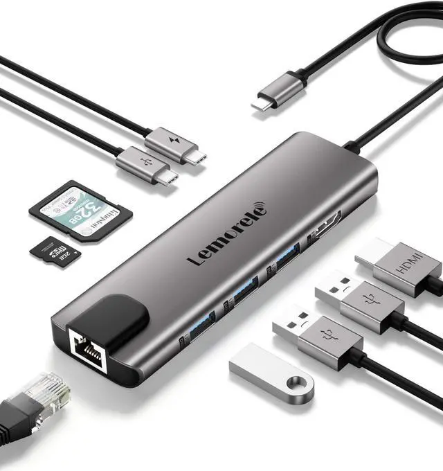 Main image of Lemorele USB C Hub Multiport Adapter 9 in 1 w/Gigabit Ethernet, 100W PD, HDMI 4K, 3 USB 2.0, 5Gbps USB C Data Port, SD/TF Card Reader, Dongle Docking Station for MacBook Lenovo HP Dell Laptops