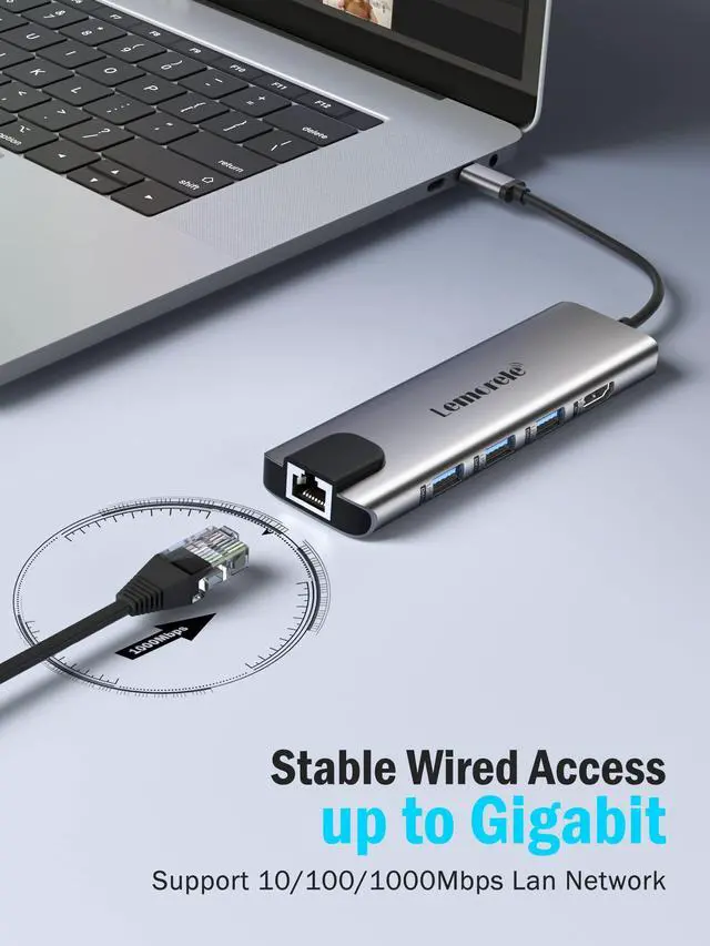 Alt view image 3 of 5 - Lemorele USB C Hub Multiport Adapter 9 in 1 w/Gigabit Ethernet, 100W PD, HDMI 4K, 3 USB 2.0, 5Gbps USB C Data Port, SD/TF Card Reader, Dongle Docking Station for MacBook Lenovo HP Dell Laptops
