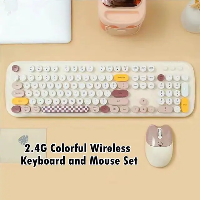 Alt view image 2 of 5 - 2.4G Full-Size Wireless Keyboard and Mouse Combo, Multi-Color Typewriter Style Round Keycap, Cute Candy Colors, Compatible with Notebook, PC (Milk Tea)