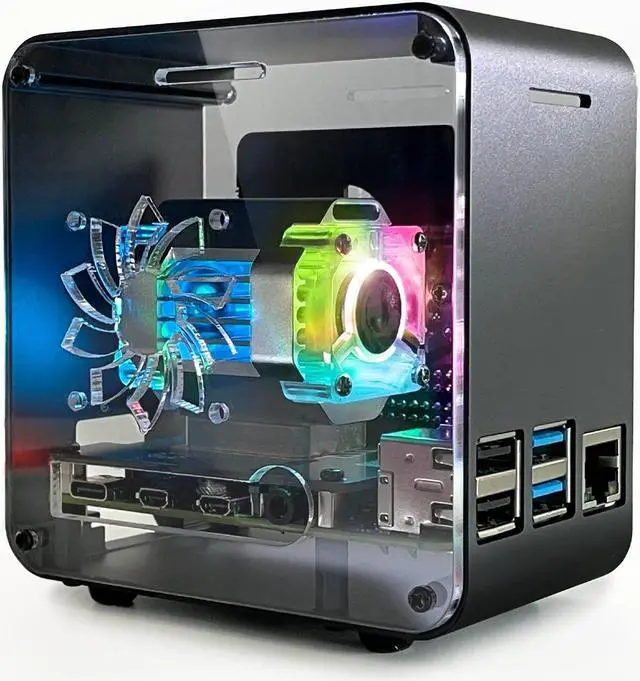 Main image of ElectroCookie Raspberry Pi 4 Case, Aluminum Mini Tower Case with Dual Power Cooler and Color Changing Ambient Light (Matte Black)
