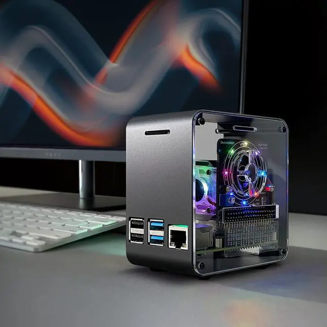 Alt view image 2 of 5 - ElectroCookie Raspberry Pi 4 Case, Aluminum Mini Tower Case with Dual Power Cooler and Color Changing Ambient Light (Matte Black)