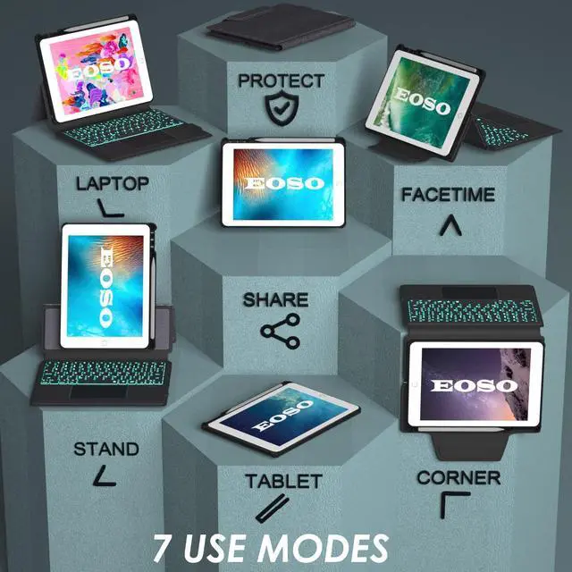 Alt view image 3 of 5 - eoso iPad 9.7 Keyboard Case for iPad 6th Gen 2018 - iPad 5th Gen 2017 - iPad Pro 9.7 - iPad Air 2-7 Color Backlight,Touchpad Detachable Slim Cover with Pencil Holder (9.7",Black)