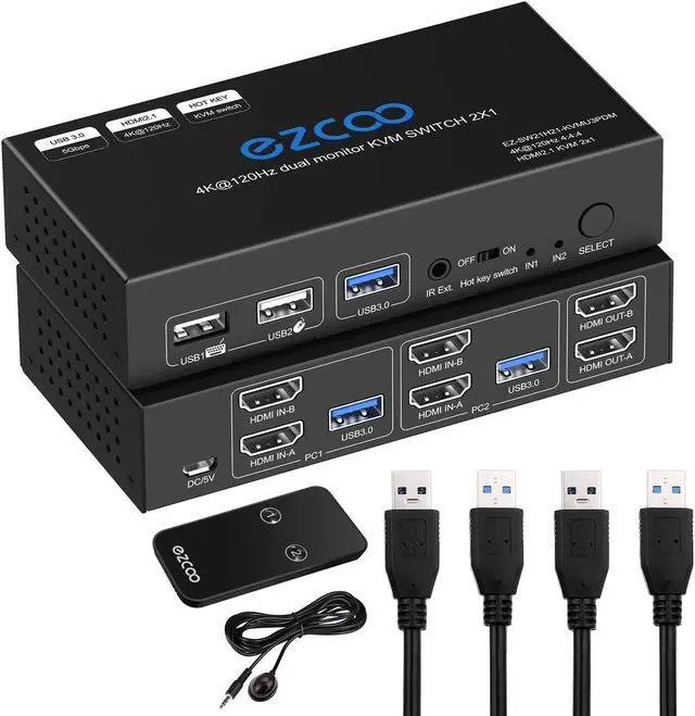 Main image of USB 3.0 KVM Switch HDMI Dual Monitor 2 Computer 4K 120Hz 8K VRR G/Sync Atmos HotKey Toggle IR Remote- KVM Extend Display Keyboard Mouse Printer, USB 3.0 Cable, IR Extender, HDMI 2.1 HDCP 2.3 21KVMDM