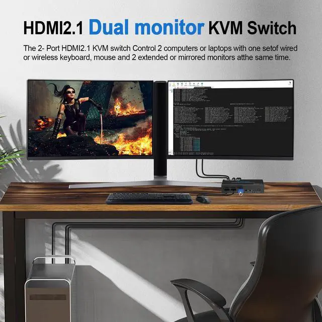 Alt view image 5 of 5 - USB 3.0 KVM Switch HDMI Dual Monitor 2 Computer 4K 120Hz 8K VRR G/Sync Atmos HotKey Toggle IR Remote- KVM Extend Display Keyboard Mouse Printer, USB 3.0 Cable, IR Extender, HDMI 2.1 HDCP 2.3 21KVMDM