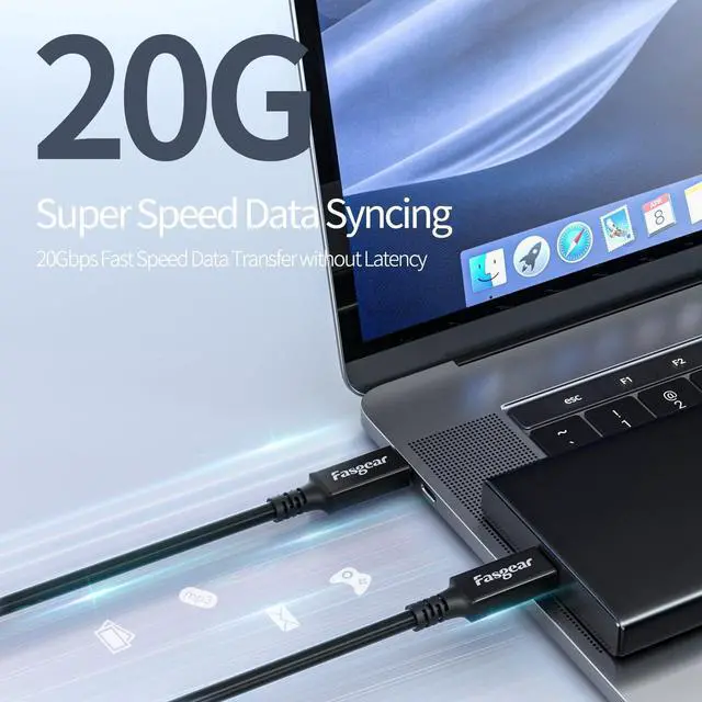 Alt view image 2 of 5 - Fasgear USB C to USB-C 3.2 Gen 2x2 Cable 5m Long Type C Cord 20Gbps 100W PD QC Fast Charging with Emarker 5K@60Hz Video Output Compatible for Thunderbolt 3/4 Mac-Book Pro eGPU Docking SSD Quest Link