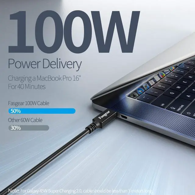 Alt view image 4 of 5 - Fasgear USB C to USB-C 3.2 Gen 2x2 Cable 5m Long Type C Cord 20Gbps 100W PD QC Fast Charging with Emarker 5K@60Hz Video Output Compatible for Thunderbolt 3/4 Mac-Book Pro eGPU Docking SSD Quest Link
