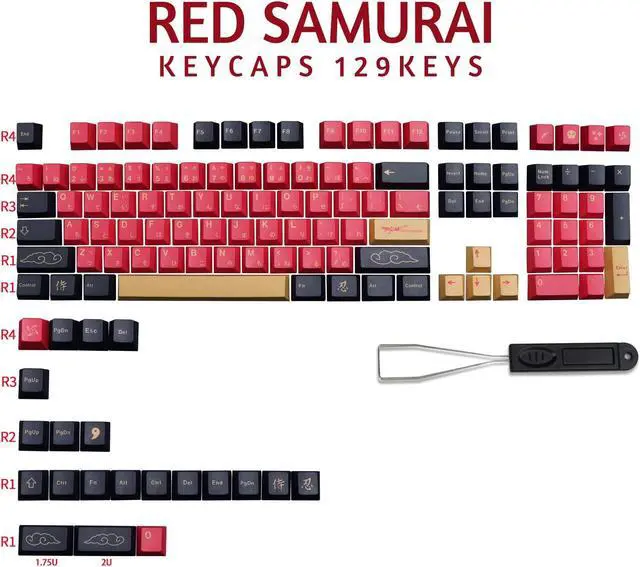 Alt view image 2 of 5 - MOLGRIA Red Samurai Keycaps, 129 Set PBT KeyCaps for Gaming Keyboard, Cherry Profile Dye Sublimation Custom Keycaps with Puller for Gateron Kailh Cherry MX Switch 104/87/71/61 60 Percent Keyboard