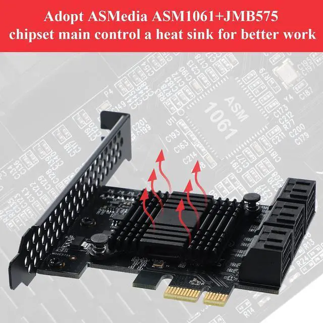 Alt view image 2 of 5 - MZHOU PCIe SATA Card 6 Port, 6Gbps SATA 3.0 PCIe Card,Support 6 SATA 3.0 Devices, with 6 SATA Cables &SATA Power Splitter Cable and Low Profile Bracket(JMB575+1061 Chip)