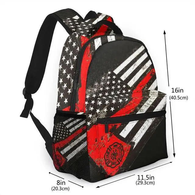 Alt view image 2 of 5 - Gesey-R4T USA Thin Red Line Firefighter Axe Pattern Casual School Backpack Bag, Laptop Hiking Travel Shoulder Daypack College Bookbag for Men Woman Girls Boys Teens