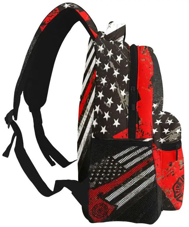 Alt view image 3 of 5 - Gesey-R4T USA Thin Red Line Firefighter Axe Pattern Casual School Backpack Bag, Laptop Hiking Travel Shoulder Daypack College Bookbag for Men Woman Girls Boys Teens