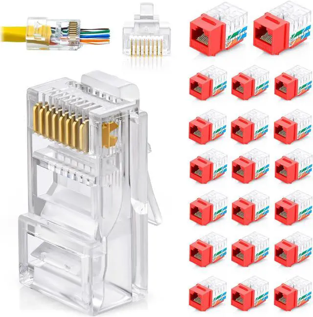 Main image of GTZ Bundle - 2 Items: RJ45 Cat6 Keystone Jacks, 20 Pack - Red + RJ45 Cat6 Pass Through Connectors, Pack of 50