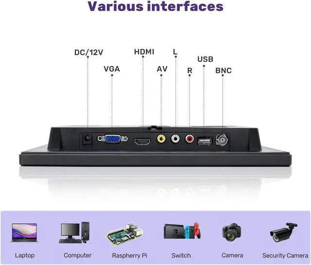 Alt view image 5 of 5 - OSCY 10.1 Inch Small Monitor, Security Monitor with 1366x768 Resolution 60HZ IPS CCTV Monitor Support HDMI/VGA/AV/BNC for Gaming CCTV Raspi PC