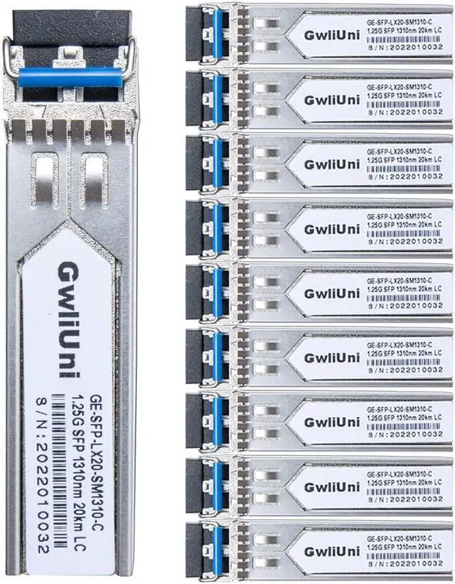 Main image of 10Pcs 1.25G Single Mode SFP Fiber Module Network Transceiver, LX SM 1310nm 20km, Duplex LC Interface for Switch, Router, Firewall, Network Card, Media Converter etc