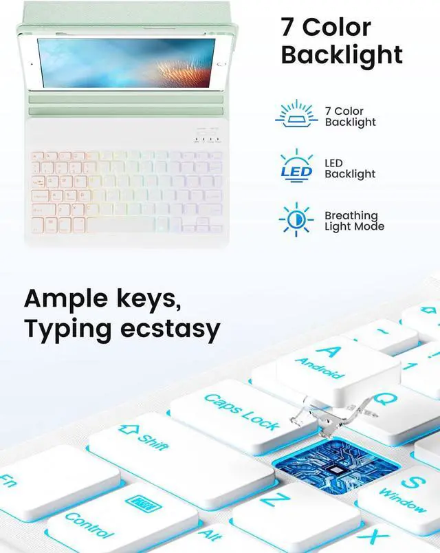 Alt view image 3 of 5 - OYEEICE Keyboard case for iPad 9.7 inch, iPad 6th Gen (2018), iPad 5th Gen (2017), iPad Air 2 (2014) - 7 Color Backlit Wireless Keyboard with Pencil Holder for iPad 6th/5th Pro 9.7'' Air 2/1 - Green