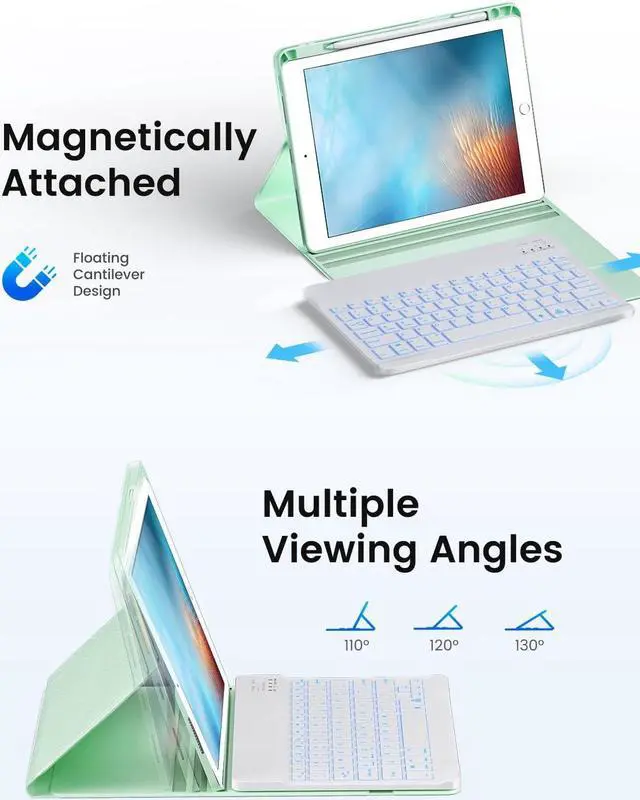 Alt view image 5 of 5 - OYEEICE Keyboard case for iPad 9.7 inch, iPad 6th Gen (2018), iPad 5th Gen (2017), iPad Air 2 (2014) - 7 Color Backlit Wireless Keyboard with Pencil Holder for iPad 6th/5th Pro 9.7'' Air 2/1 - Green