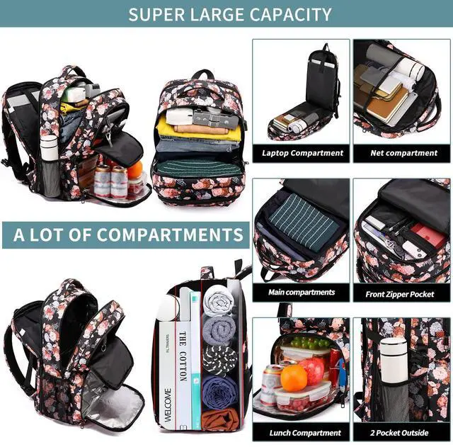 Alt view image 4 of 5 - HILUSEN Lunch Backpack for Women, Insulated Cooler Lunch Box, Extra Large Work Backpack with USB Charging Port, Water Resistant 17 inch Travel Laptop Backpack