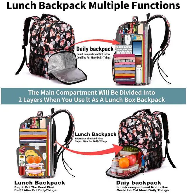 Alt view image 3 of 5 - HILUSEN Lunch Backpack for Women, Insulated Cooler Lunch Box, Extra Large Work Backpack with USB Charging Port, Water Resistant 17 inch Travel Laptop Backpack