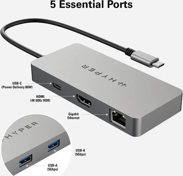 Alt view image 3 of 5 - HyperDrive 5 Port USB C Hub - 86W Power Delivery, 4K HDMI, Ethernet, 5Gbps USB-A, USB Hub for Laptop, Chromebooks, and USB-C Compatible Devices