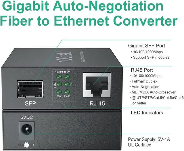 Alt view image 3 of 5 - A Pair of Gigabit Single-Mode LC Fiber to Ethernet Media Converter (SFP LX Modules Included),1.25G Fiber Media Converter, 1000Base-LX to 10/100/1000Base-TX, 1310nm, SMF, Transmission up to 20-KM
