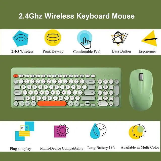 Alt view image 2 of 5 - Wireless Keyboard and Mouse Combo,JieruiDeng 2.4Ghz USB Cordless Full-Sized Colorful Keyboard with Numeric Keypad and Noisless Mice Set for Computer Laptop PC Gamer (Grey-Green)