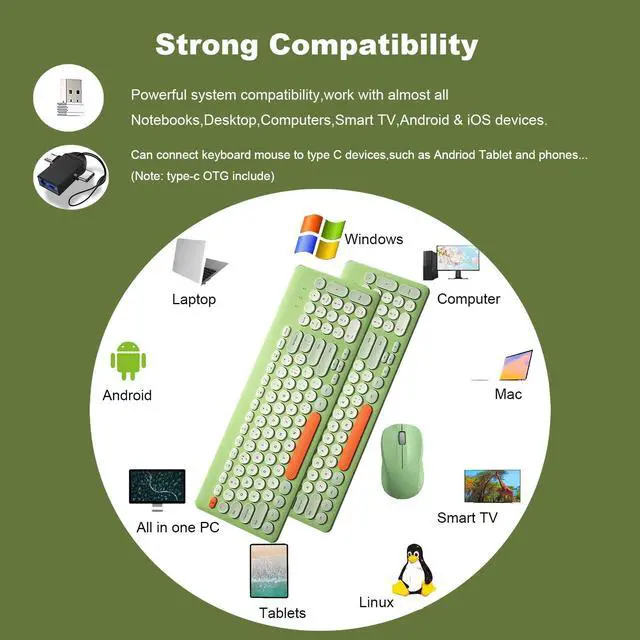 Alt view image 3 of 5 - Wireless Keyboard and Mouse Combo,JieruiDeng 2.4Ghz USB Cordless Full-Sized Colorful Keyboard with Numeric Keypad and Noisless Mice Set for Computer Laptop PC Gamer (Grey-Green)