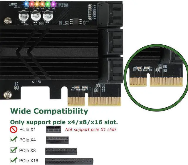 Alt view image 2 of 5 - ASM1166 PCIe X4 SATA Card 6 Ports, Non Raid, Joylifeboard PCIE SATA III Controller Expansion Card 6 Gbps, Support 6 SATA 3.0 Devices, PCIe SATA Card with 6 SATA Cables+Thin Bracket