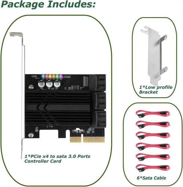 Alt view image 5 of 5 - ASM1166 PCIe X4 SATA Card 6 Ports, Non Raid, Joylifeboard PCIE SATA III Controller Expansion Card 6 Gbps, Support 6 SATA 3.0 Devices, PCIe SATA Card with 6 SATA Cables+Thin Bracket