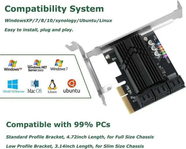 Alt view image 4 of 5 - ASM1166 PCIe X4 SATA Card 6 Ports, Non Raid, Joylifeboard PCIE SATA III Controller Expansion Card 6 Gbps, Support 6 SATA 3.0 Devices, PCIe SATA Card with 6 SATA Cables+Thin Bracket