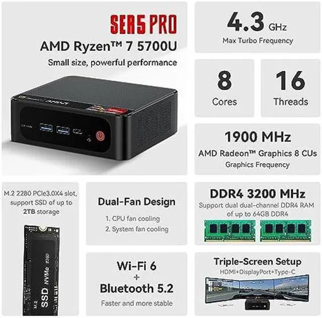 Alt view image 3 of 5 - Beelink Mini PC SER5, AMD Ryzen 7 5700U(up to 4.3GHz), Mini Computer 16GB DDR4 RAM 500GB NVME SSD, Micro PC 4K@60Hz Triple Display HDMI DP USB-C, 35W High Performance Office Gaming HTPC W-11 Pro