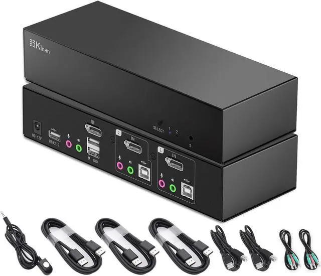 Main image of KVM Switch DisplayPort 1 Monitor 2 Computers, 4K DP KVM with USB 2.0 Port, Audio Out, Hotkey, Wired Switch Button, EDID Emulation, 2 PCs Share 1 Monitor Keyboard Mouse Printer Scanner,Cables Included