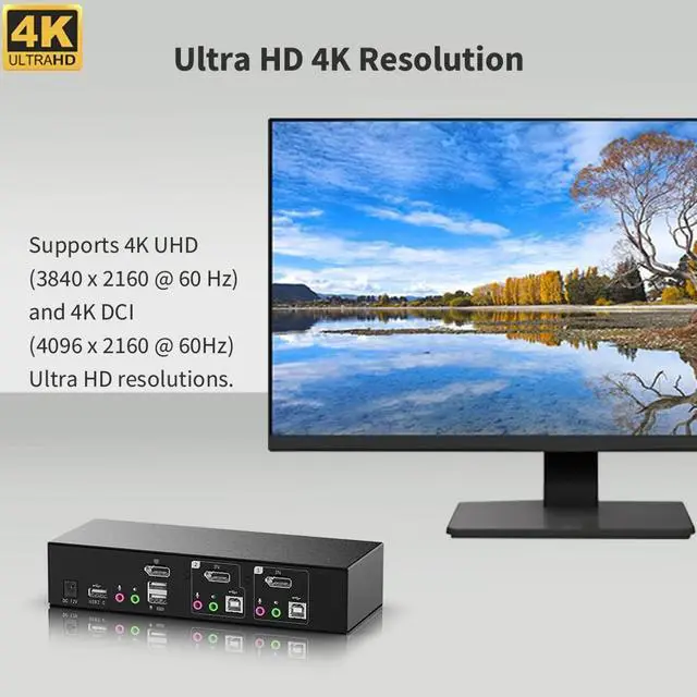 Alt view image 3 of 5 - KVM Switch DisplayPort 1 Monitor 2 Computers, 4K DP KVM with USB 2.0 Port, Audio Out, Hotkey, Wired Switch Button, EDID Emulation, 2 PCs Share 1 Monitor Keyboard Mouse Printer Scanner,Cables Included