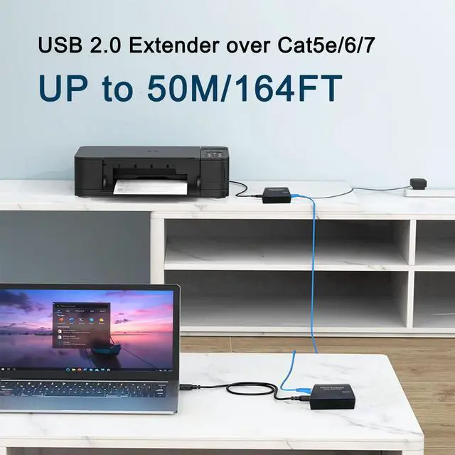 Alt view image 2 of 5 - LornCeng USB 2.0 Extender Over Cat5/Cat6/Cat7  4-Port Powered USB Hub Over Ethernet, Up to 164 ft (50 m), Plug & Play Works with Keyboards, Mice, Webcams & Printers