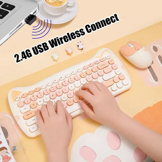 Alt view image 4 of 5 - Cute Cat 2.4G USB Wireless Keyboard and Mouse Combo, Silent Keys, Candy Colors, Compatible with Notebook, PC (MilkTea-84Keys)