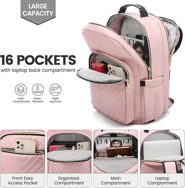 Alt view image 2 of 5 - LOVEVOOK Laptop Backpack for Women 17.3 inch,Cute Womens Travel Backpack Purse,Professional Laptop Computer Bag,Waterproof Work Business College Teacher Bags Carry on Backpack with USB Port,Pink