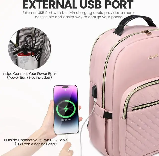 Alt view image 5 of 5 - LOVEVOOK Laptop Backpack for Women 17.3 inch,Cute Womens Travel Backpack Purse,Professional Laptop Computer Bag,Waterproof Work Business College Teacher Bags Carry on Backpack with USB Port,Pink