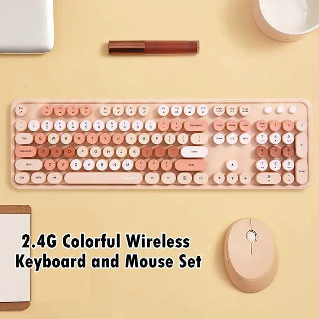 Alt view image 2 of 5 - 2.4G Full-Size Wireless Keyboard and Mouse Combo, Multi-Color Typewriter Style Round Keycap, Cute Candy Colors, Compatible with Notebook, PC (104 Keys,Milk Tea)
