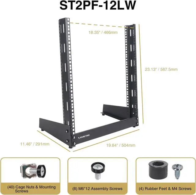 Alt view image 5 of 5 - Sound Town 12U 2-Post Desktop Open-Frame Rack, for Audio/Video, Network Switches, Routers, Patch Panels (ST2PF-12LW)