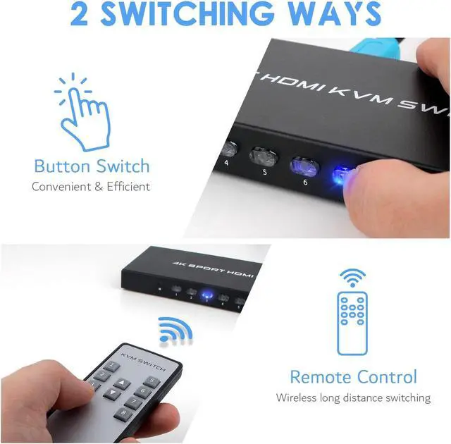 Alt view image 4 of 5 - TCNEWCL 8 Port KVM Switch HDMI, 4K@30Hz 8 in 1 Out HDMI KVM Switch for 8 PC Sharing 1 HD Monitor and 4 USB Devices with IR Remote & 8 HDMI Cables