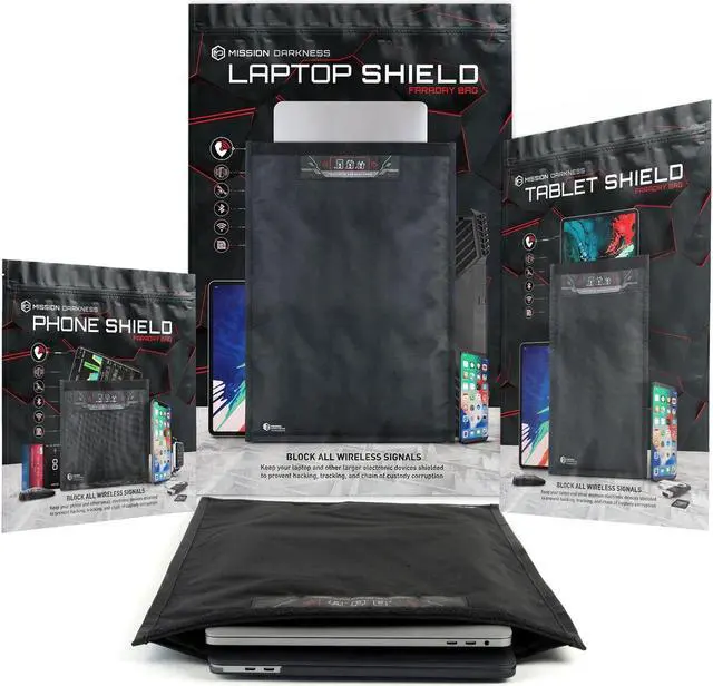 Main image of Mission Darkness Non-Window Faraday Bag Collection Includes Phone, Tablet, and Laptop Size Bags - RF Shielding, Signal Isolation, EMF Reduction, EMP Protection, Anti-Tracking Hacking Spying