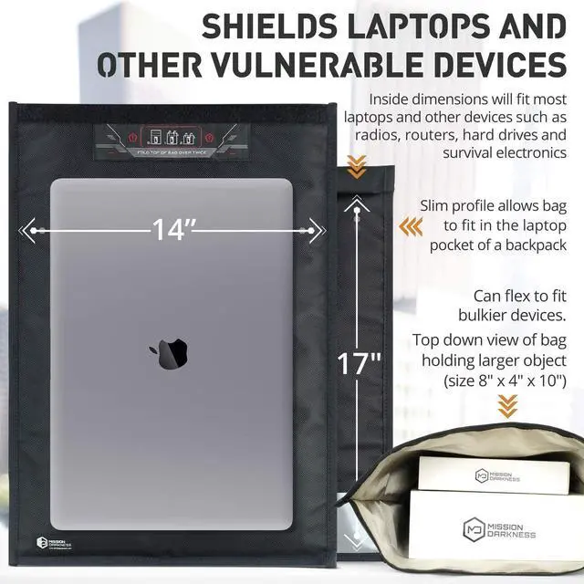 Alt view image 5 of 5 - Mission Darkness Non-Window Faraday Bag Collection Includes Phone, Tablet, and Laptop Size Bags - RF Shielding, Signal Isolation, EMF Reduction, EMP Protection, Anti-Tracking Hacking Spying